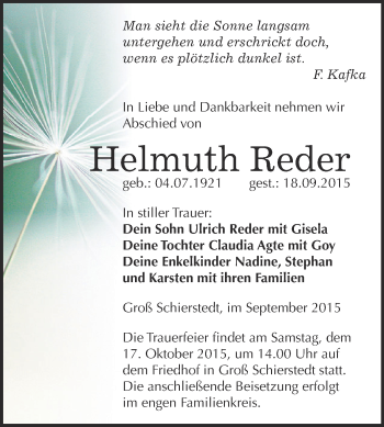 Traueranzeige von Helmuth Reder von Super Sonntag Aschersleben