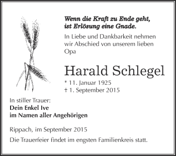 Traueranzeige von Harald Schlegel von Super Sonntag Merseburg