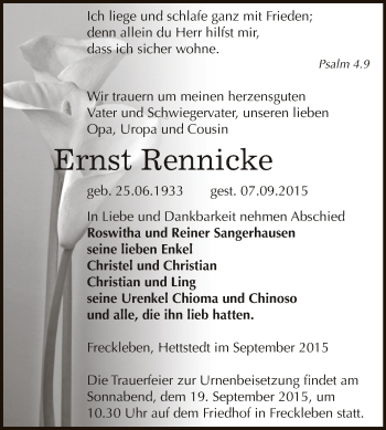 Traueranzeige von Ernst Rennicke von Super Sonntag Bernburg