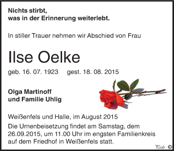 Traueranzeige von Ilse Oelke von Mitteldeutsche Zeitung Weißenfels