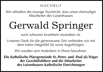 Traueranzeige von Gerwald Springer von Mitteldeutsche Zeitung Naumburg/Nebra