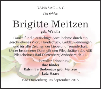 Traueranzeige von Brigitte Meitzen von Super Sonntag Merseburg