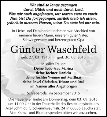 Traueranzeige von Günter Waschfeld von Mitteldeutsche Zeitung Naumburg/Nebra
