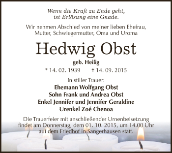 Traueranzeige von Hedwig Obst von Super Sonntag SGH Mansf. Land