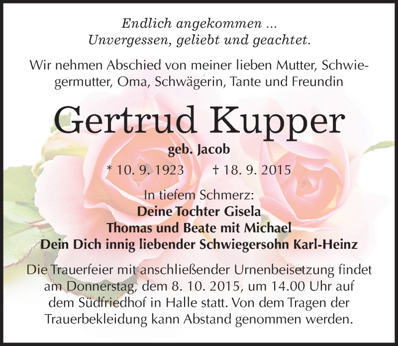  Traueranzeige für Gertrud Kupper vom 26.09.2015 aus Mitteldeutsche Zeitung Halle/Saalkreis