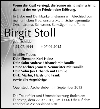 Traueranzeige von Birgit Stoll von Mitteldeutsche Zeitung Aschersleben