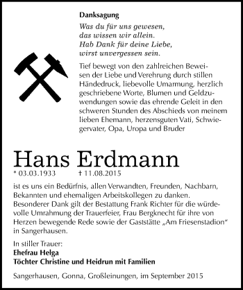 Traueranzeige von Hans Erdmann von Mitteldeutsche Zeitung Sangerhausen
