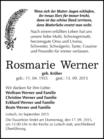 Traueranzeige von Rosmarie Werner von WVG - Wochenspiegel NMB / WSF / ZTZ