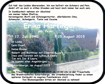 Traueranzeige von Erika Hartinger von WVG - Wochenspiegel NMB / WSF / ZTZ
