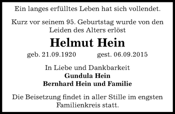 Traueranzeige von Helmut Hein von Mitteldeutsche Zeitung Dessau-Roßlau