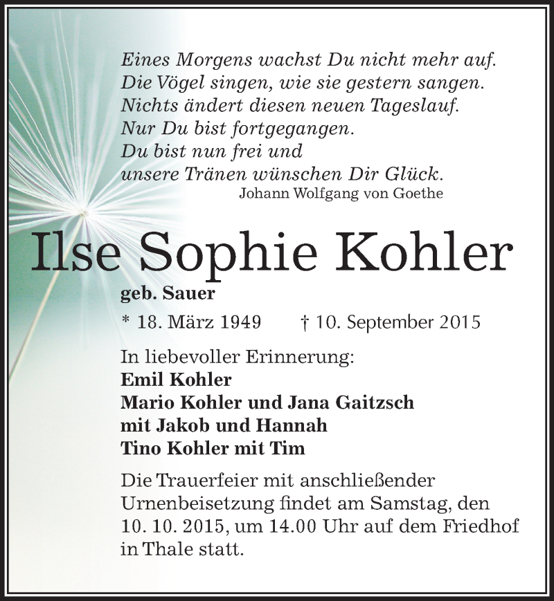  Traueranzeige für Ilse Sophie Kohler vom 16.09.2015 aus Mitteldeutsche Zeitung Quedlinburg