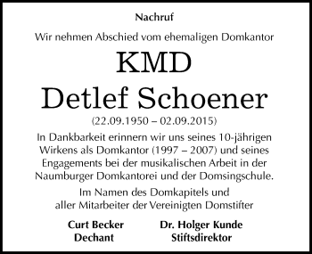 Traueranzeige von Detlef Schoener von Mitteldeutsche Zeitung Naumburg/Nebra