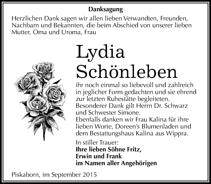  Traueranzeige für Lydia Schönleben vom 08.09.2015 aus Mitteldeutsche Zeitung Mansfelder Land