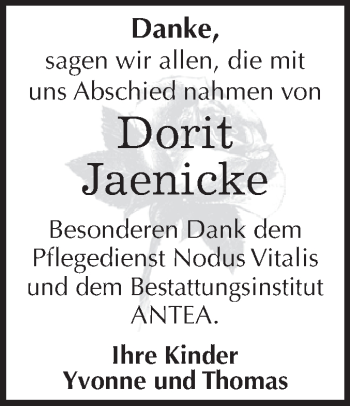 Traueranzeige von Dorit Jaenicke von WVG - Wochenspiegel Dessau / Köthen