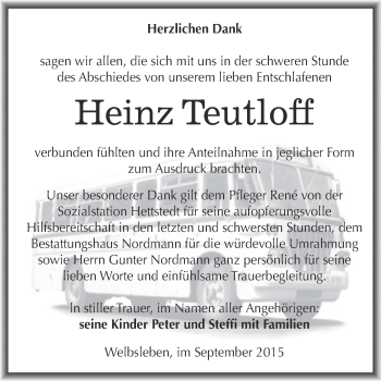 Traueranzeige von Heinz Teutloff von Wochenspiegel Mansfelder Land