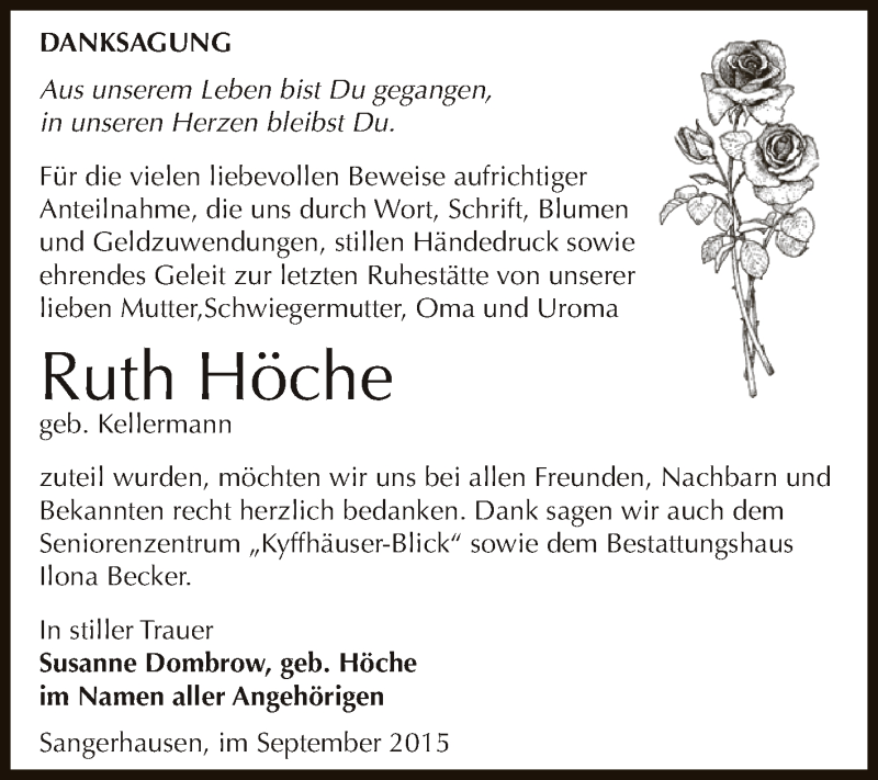  Traueranzeige für Ruth Höche vom 19.09.2015 aus Super Sonntag SGH Mansf. Land