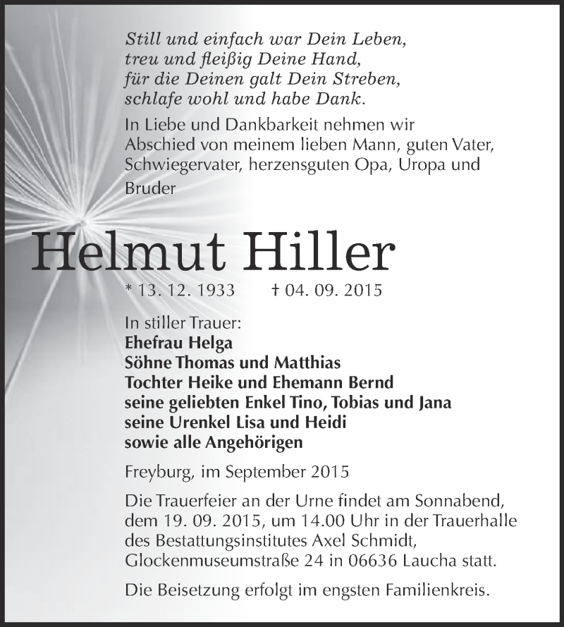  Traueranzeige für Helmut Hiller vom 16.09.2015 aus WVG - Wochenspiegel NMB / WSF / ZTZ