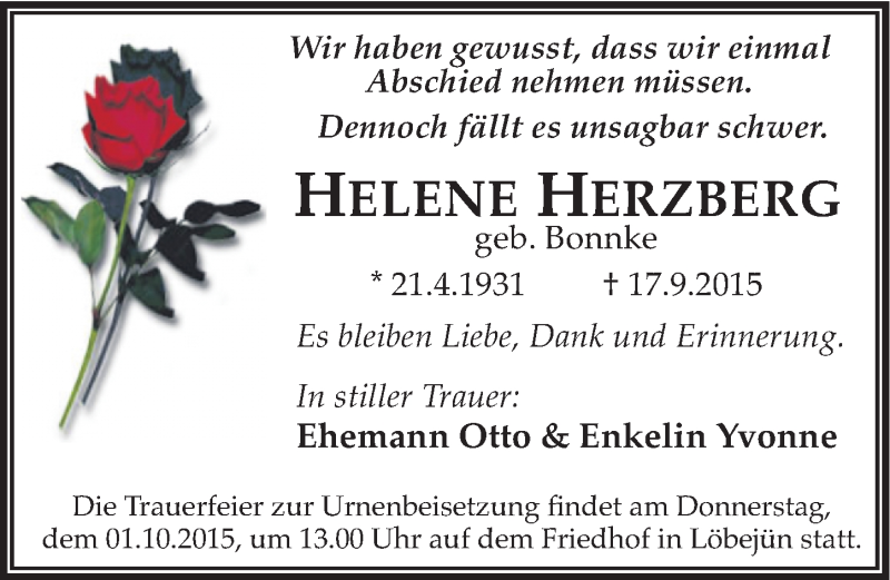  Traueranzeige für Helene Herzberg vom 26.09.2015 aus Mitteldeutsche Zeitung Halle/Saalkreis