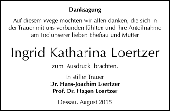 Traueranzeige von Ingrid Loertzer von Mitteldeutsche Zeitung Dessau-Roßlau
