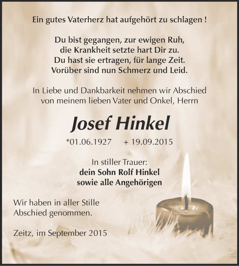  Traueranzeige für Josef Hinkel vom 26.09.2015 aus Super Sonntag Zeitz