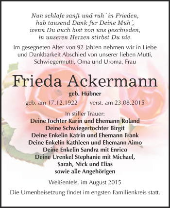 Traueranzeige von Frieda Ackermann von WVG - Wochenspiegel NMB / WSF / ZTZ