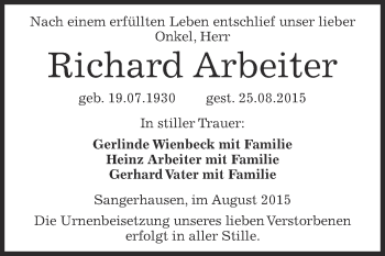 Traueranzeige von Richard Arbeiter von Super Sonntag SGH Mansf. Land
