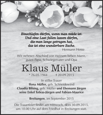 Traueranzeige von Klaus Müller von Super Sonntag SGH Mansf. Land