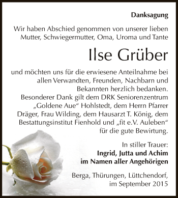 Traueranzeige von Ilse Grüber von Super Sonntag SGH Mansf. Land
