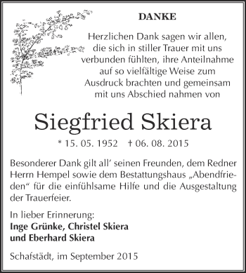 Traueranzeige von Siegfried Skiera von WVG - Wochenspiegel Merseburg