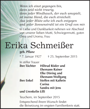 Traueranzeige von Erika Schmeißer von WVG - Wochenspiegel NMB / WSF / ZTZ