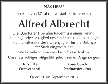 Traueranzeige von Alfred Albrecht von Super Sonntag Merseburg