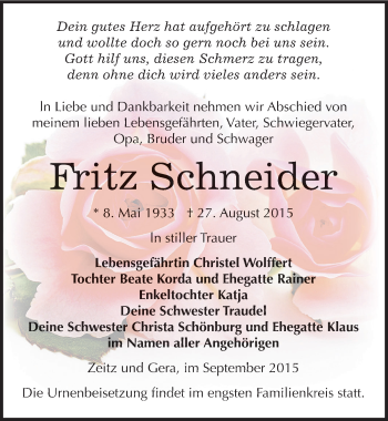 Traueranzeige von Fritz Schneider von Mitteldeutsche Zeitung Zeitz