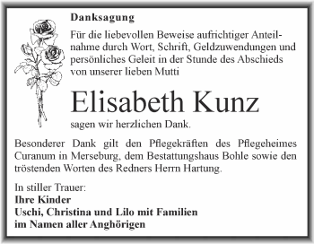 Traueranzeige von Elisabeth Kunz von WVG - Wochenspiegel Merseburg