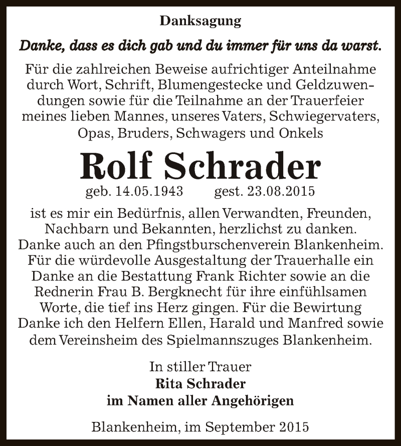  Traueranzeige für Rolf Schrader vom 12.09.2015 aus Super Sonntag SGH Mansf. Land