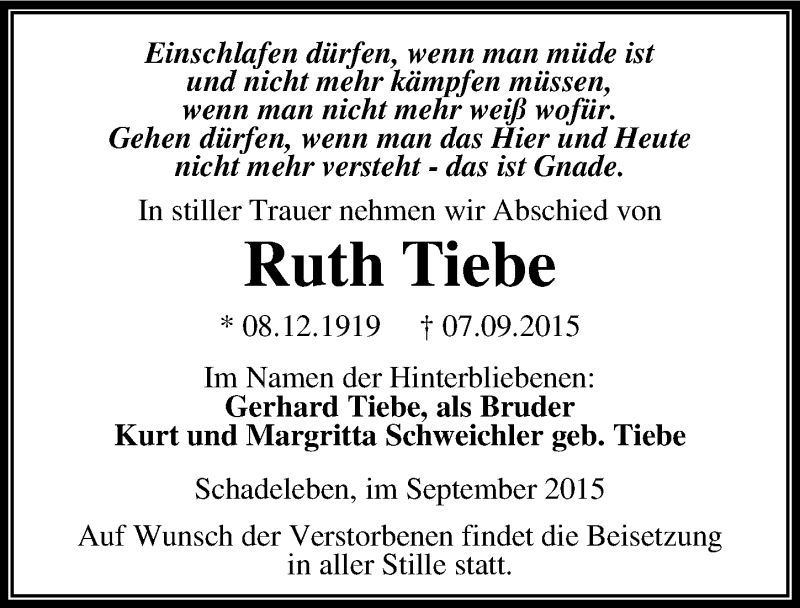  Traueranzeige für Ruth Tiebe vom 12.09.2015 aus Mitteldeutsche Zeitung Aschersleben