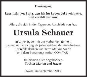 Traueranzeige von Ursula Schauer von Super Sonntag Zeitz