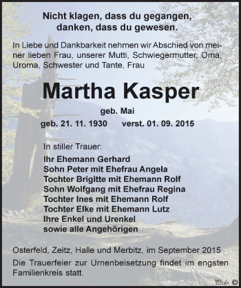 Traueranzeige von Martha Kasper von Mitteldeutsche Zeitung Zeitz