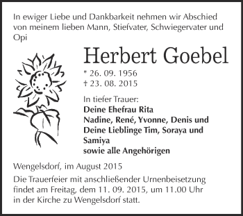 Traueranzeige von Herbert Goebel von Super Sonntag Merseburg
