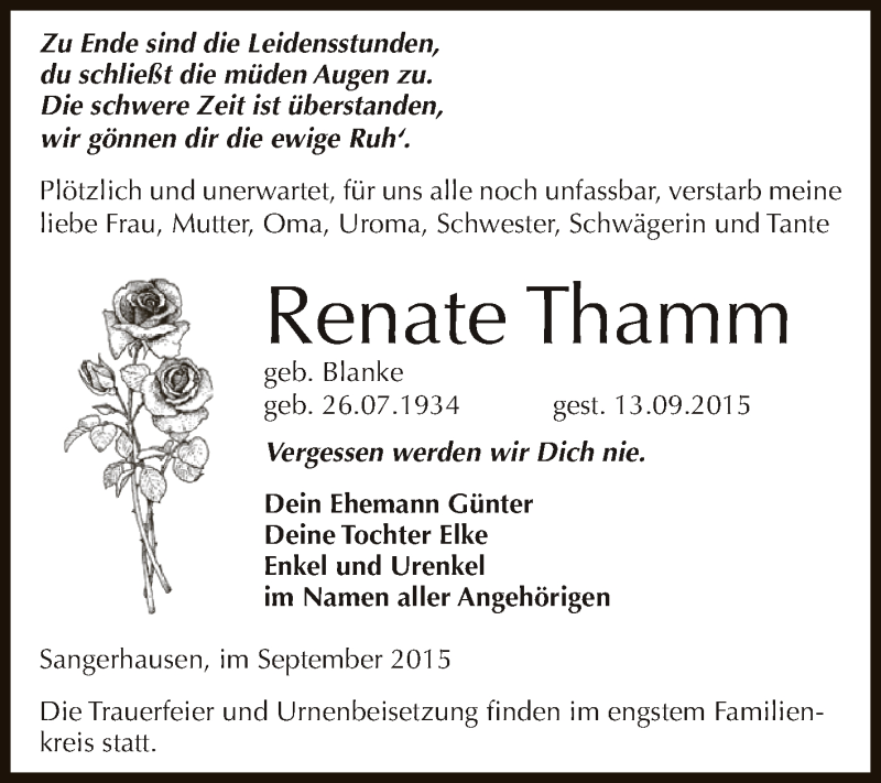  Traueranzeige für Renate Thamm vom 19.09.2015 aus Super Sonntag SGH Mansf. Land