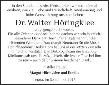 Traueranzeige von Walter Höringklee von WVG - Wochenspiegel Merseburg