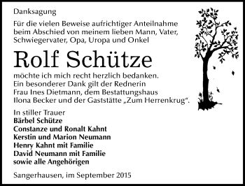 Traueranzeige von Rolf Schütze von Mitteldeutsche Zeitung Sangerhausen