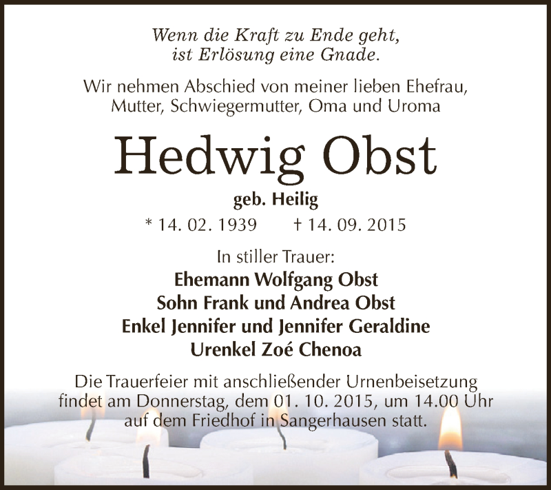  Traueranzeige für Hedwig Obst vom 26.09.2015 aus Super Sonntag SGH Mansf. Land