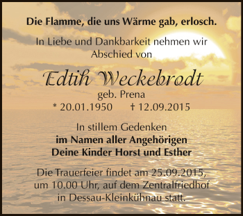 Traueranzeige von Edtih Weckebrodt von WVG - Wochenspiegel Dessau / Köthen