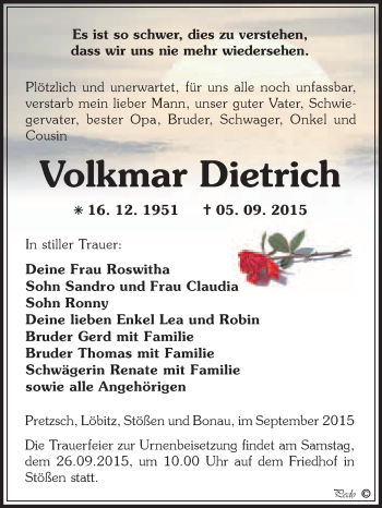 Traueranzeige von Volkmar Dietrich von WVG - Wochenspiegel NMB / WSF / ZTZ