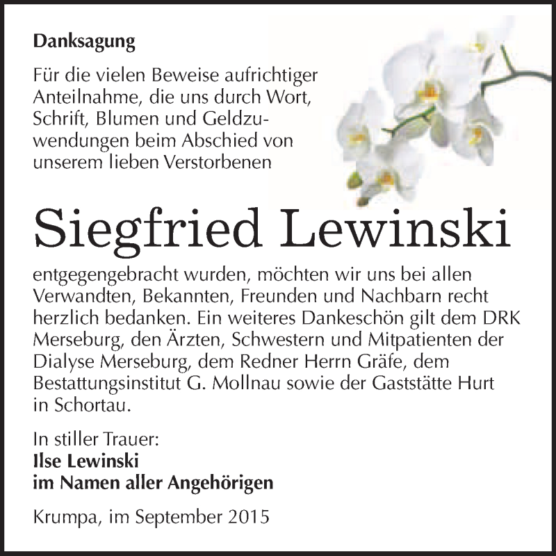  Traueranzeige für Siegfried Lewinski vom 12.09.2015 aus WVG - Wochenspiegel Merseburg
