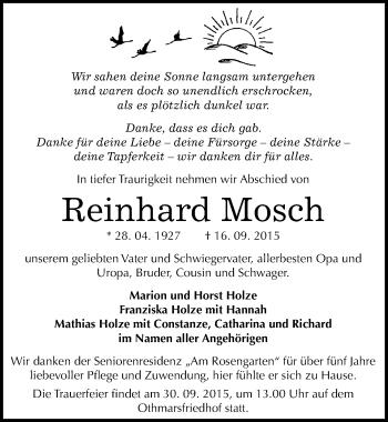 Traueranzeige von Reinhard Mosch von Mitteldeutsche Zeitung Naumburg/Nebra