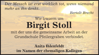 Traueranzeige von Birgit Stoll von Super Sonntag Aschersleben