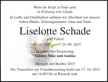 Traueranzeige von Liselotte Schade von Mitteldeutsche Zeitung Sangerhausen
