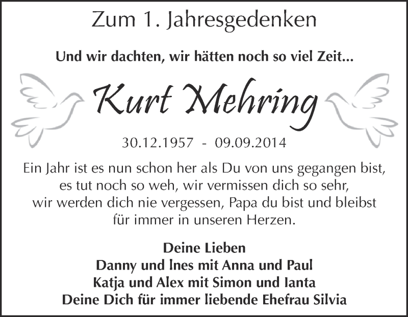  Traueranzeige für Kurt Mehring vom 09.09.2015 aus WVG - Wochenspiegel Dessau / Köthen