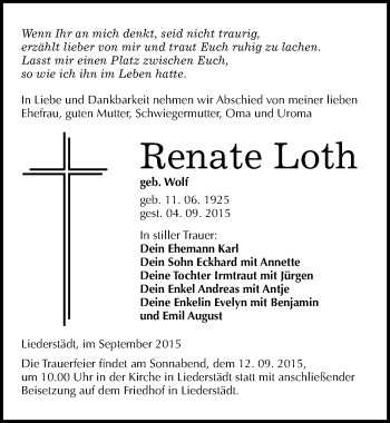 Traueranzeige von Renate Loth von Mitteldeutsche Zeitung